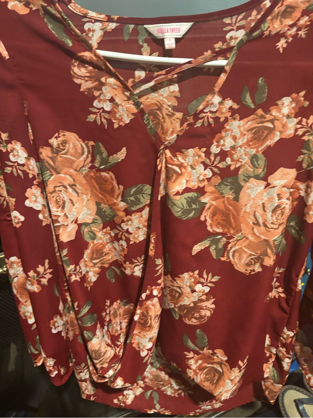 Stella Tweed Burgundy Floral Wrap Blouse